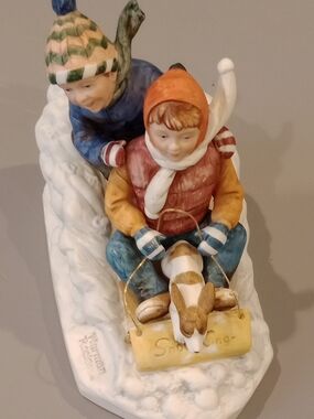 Vintage 1981 Porcelain Winter Sledding Figurine Norman Rockwell